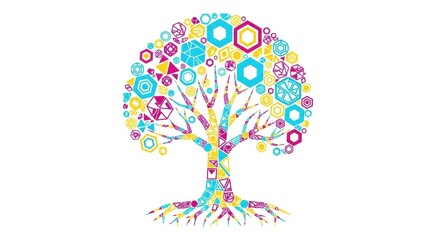 Geometric tree with colorful patterns in vibrant abstract art design