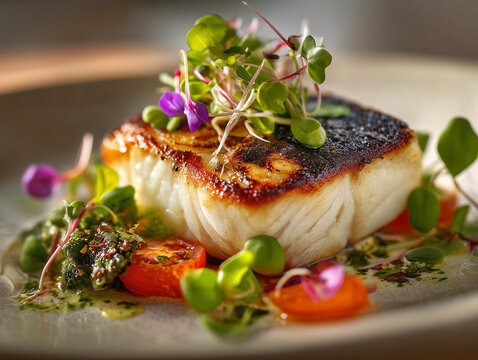 Fine dining-style grilled European seabass with microgreens on a neutral plate