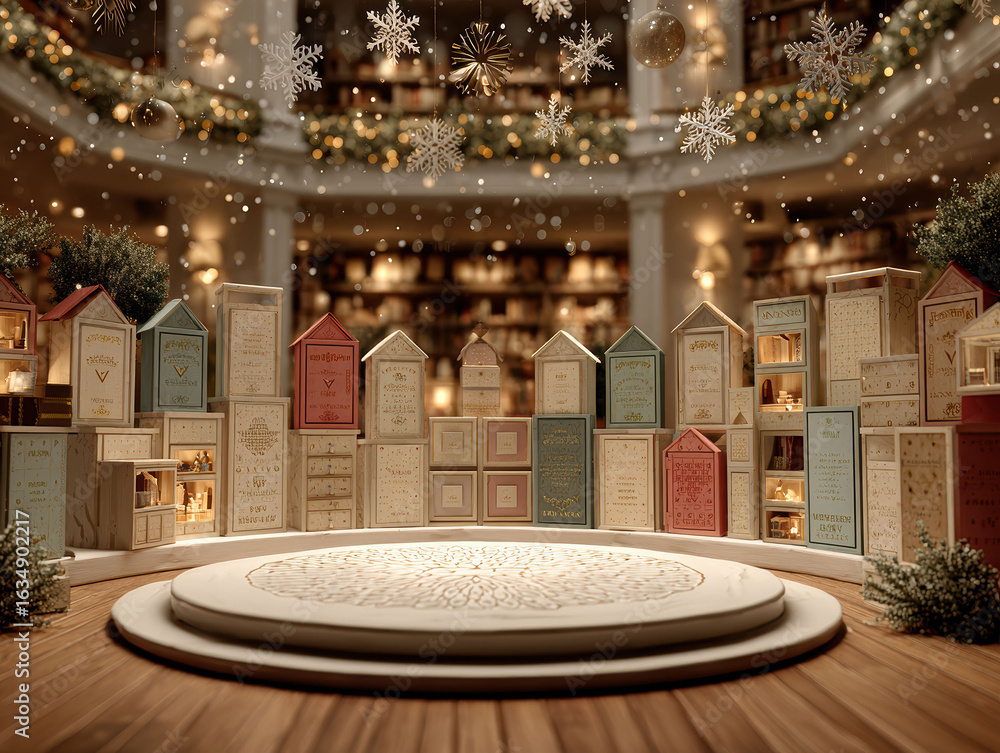 Poster a central, empty 3d podium showcases a miniature village-like bookshelf arrangement within an atrium