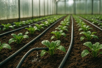 Efficient greenhouse growing healthy plants with advanced irrigation techniques