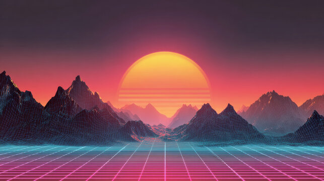 Retro 80s synthwave background with neon grid and mountains