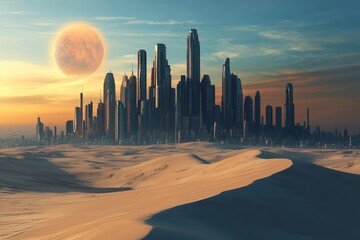 Modern city emerging from the desert landscape under an otherworldly sky at sunset, Modern city in the middle of the desert