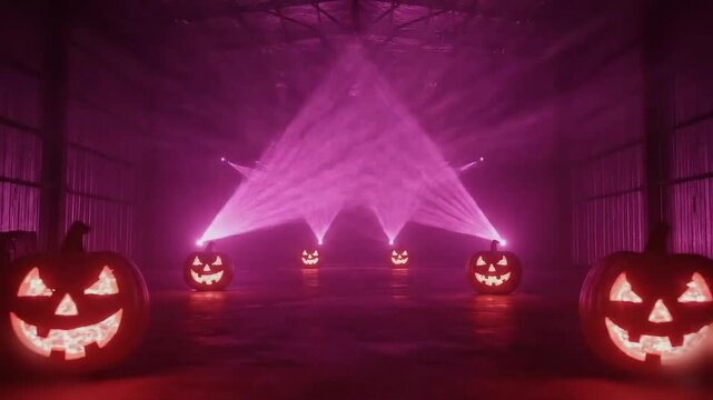 Vaporwave jack-o&rsquo;-lantern rave with neon lasers and strobe loops, unique halloween playroom