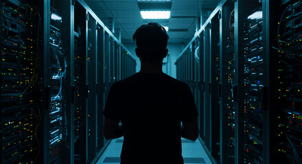 Rear view of a system administrator in silhouette walking down a server room aisle in a modern data center