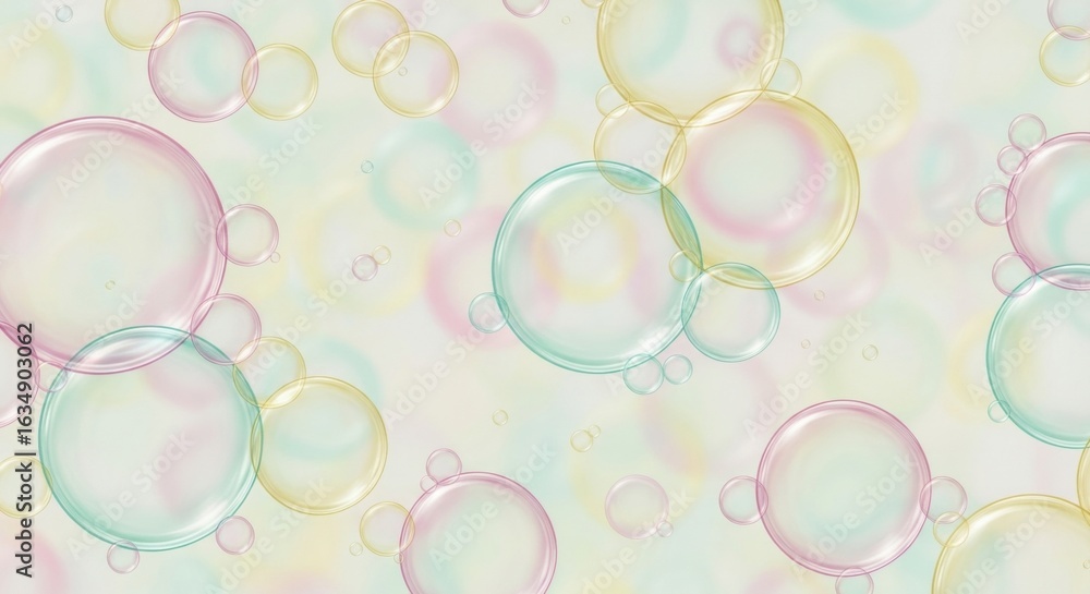 Poster pastel bubbles pattern with transparent overlapping circles on light background