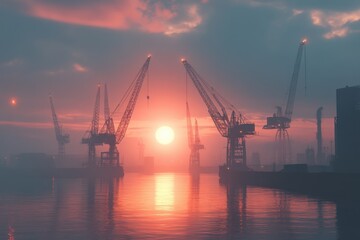 Fototapeta premium Multiple tower cranes at work during early sunrise with vibrant sky reflections, Multiple tower cranes working at early sunrise