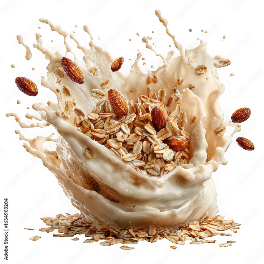 Poster oatmeal and almonds create a dynamic splash of milk for a healthy breakfast or snack option isolated