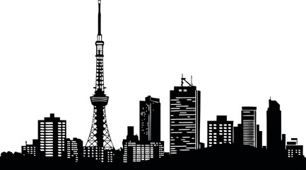 Black cityscape silhouette isolated on white background with tower and buildings.eps