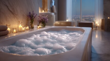 Luxurious modern bathtub with calming foam and soothing aromatherapy candles