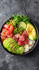 Colorful poke bowl with tuna, avocado, rice, and fresh vegetables, overhead view, vertical format