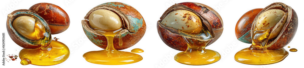 Poster close up of sapucaia nuts with their shells cut open and dripping with their natural oils on a trans
