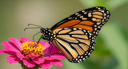 Obraz premium Close-up of monarch butterfly on pink zinnia, showcasing intricate wing patterns and vibrant colors, representing nature's beauty and delicate balance