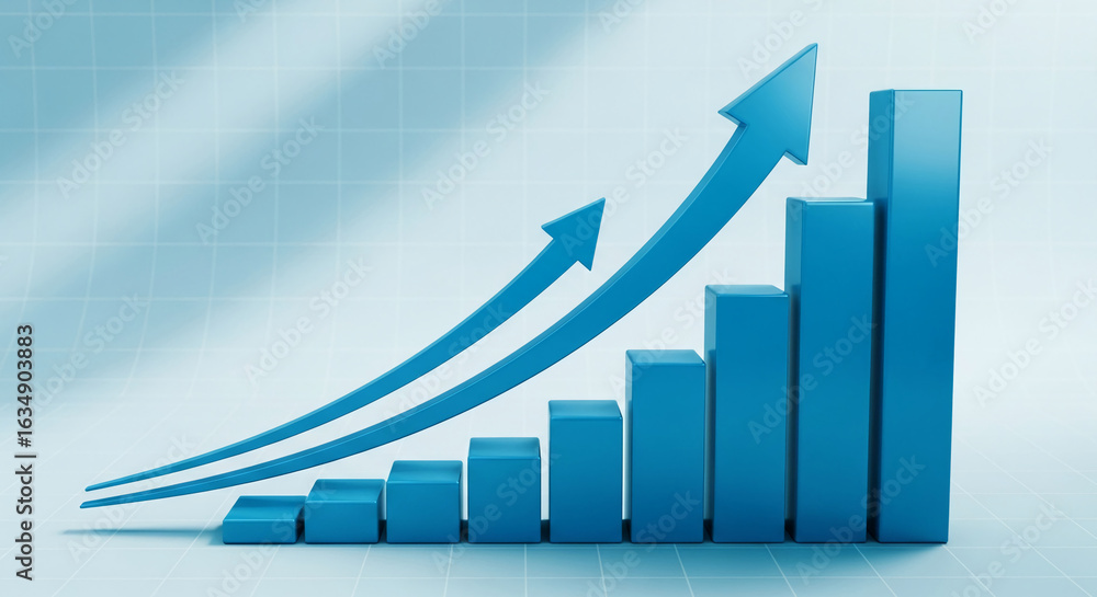 Poster blue bar graph with upward-pointing arrows, showcasing growth and progress, symbolizing success, dev
