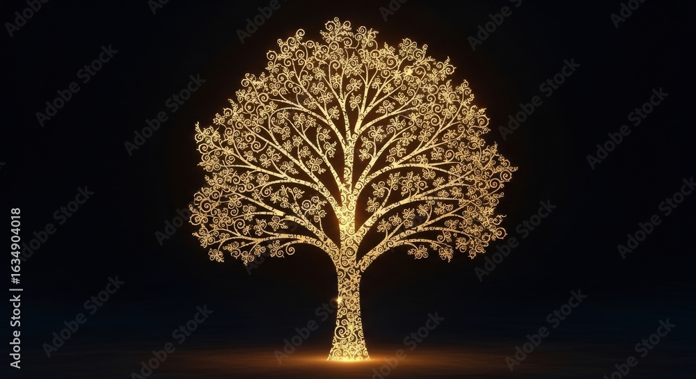 Poster glowing ornamental tree on dark background with intricate branch design