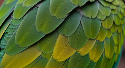 Naklejka premium Close-up of vibrant green and yellow bird feathers, showcasing intricate texture and overlapping pattern, representing nature's beauty and detail, ideal for natural background