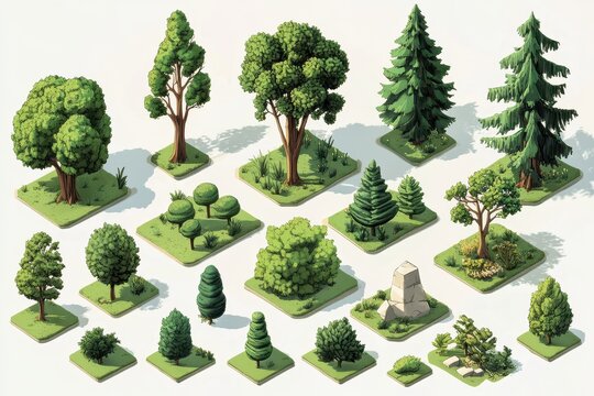 isometric trees, Isometric trees illustrated with geometric forms and bright colors