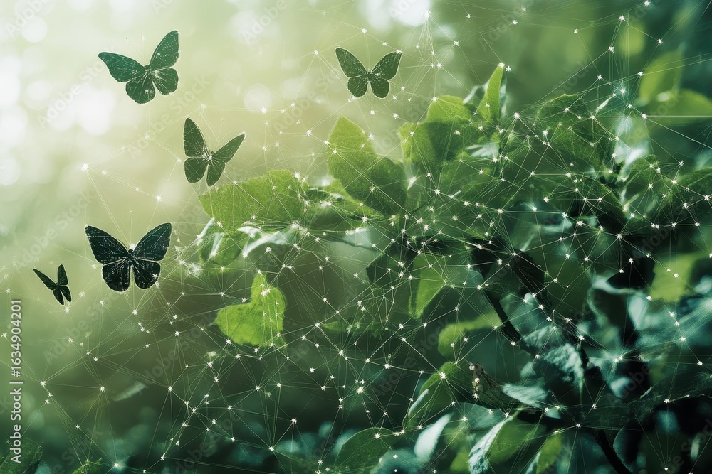 Poster exploring the intricate network of connections in an ecological ecosystem with butterflies and folia