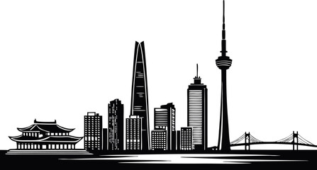 Black silhouette of seoul city skyline isolated on white background.eps