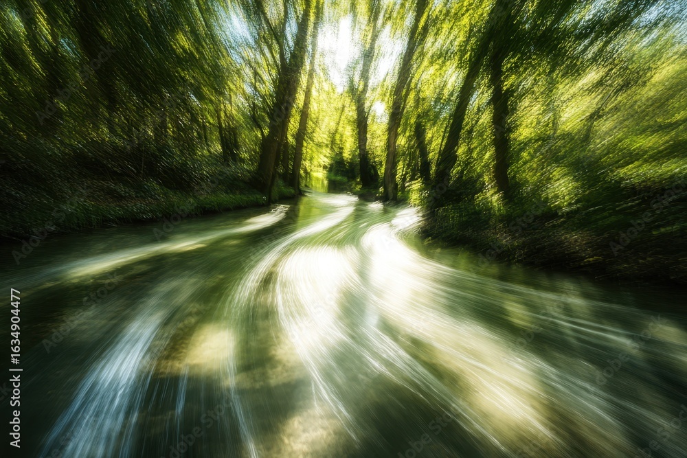 Poster flowing abstract trails of light reflect in a serene forest setting during daytime, abstract trails 