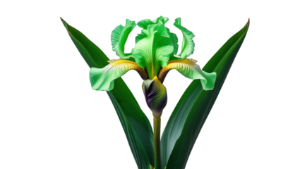Single iris with green leaves isolated on white background