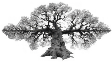 Majestic oak tree stands tall with its intricate branches creating a captivating silhouette against a bright backdrop isolated on transparent background