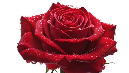 Single red rose with dew drops isolated on white background