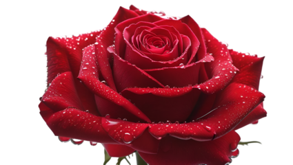 Single red rose with dew drops isolated on white background
