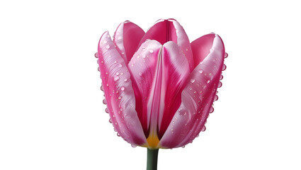 Single pink tulip with water droplets isolated on white background