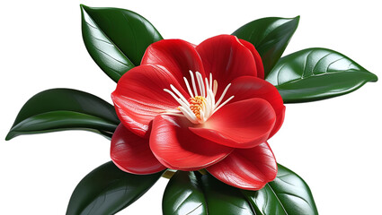 Single red camellia with glossy leaves isolated on white background