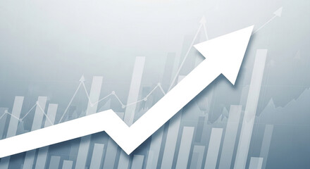 White arrow pointing upward over gray business graph background, symbolizing growth, success, and progress in finance or business, ideal for presentations or reports