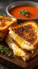 Grilled cheese sandwich with tomato soup, cozy comfort vertical layout
