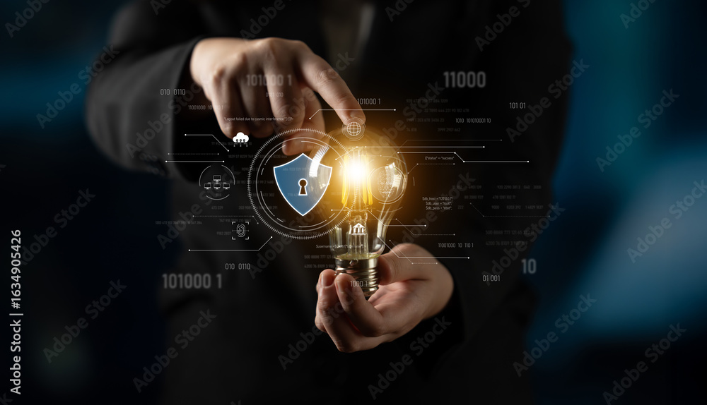Poster cyber security interface with biometric and ai-powered protection system. cyber security secures acc