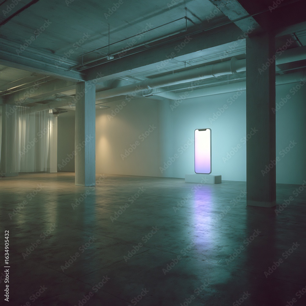 Poster minimalist technology presentation illuminating a modern mobile phone in an empty gallery