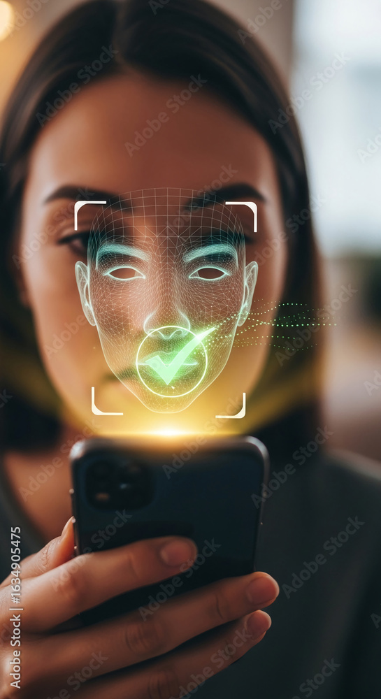 Poster woman using phone, face recognition authentication displayed as a digital wireframe overlay, checkma