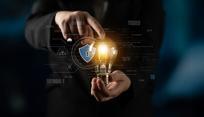 Cyber security interface with biometric and AI-powered protection system. Cyber security secures...