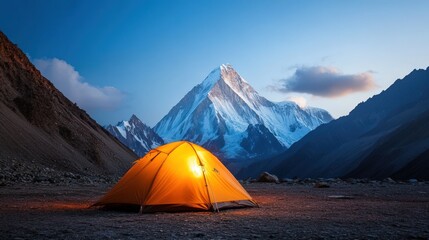 Camping tent under mountain peak in evening landscape