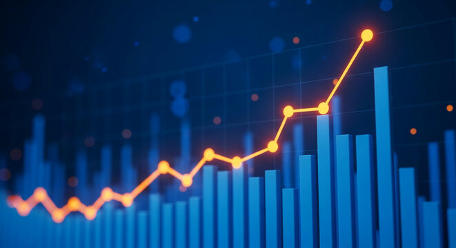 Abstract blue bar graph with orange upward trend line, illustrating growth and success in business analytics, perfect for financial presentations or reports