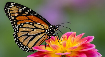 Fototapeta premium Close-up of monarch butterfly on dahlia flower, orange black wings with water droplets, vibrant colors, nature's beauty, delicate detail