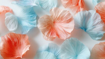 Pastel peach and light blue flower petals scattered on a white background, creating a soft, delicate, and romantic aesthetic