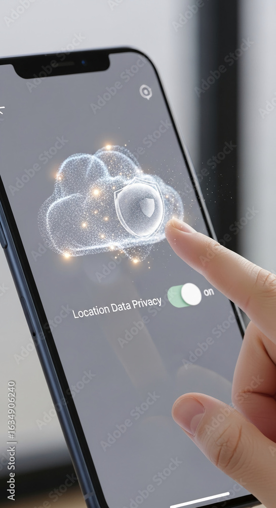 Poster smartphone displaying a cloud with shield graphic, finger activating location data privacy, showcasi