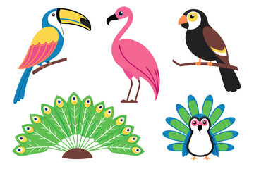 Naklejka premium Vibrant tropical bird vector illustrations including parrot, flamingo, toucan, and peacock on clean white background for design projects