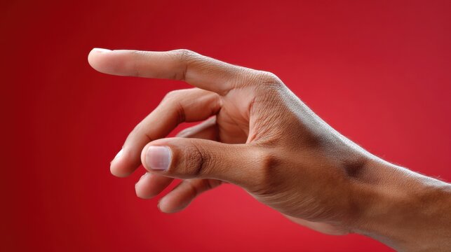 Creative concept: Hispanic man's hand gently touching invisible object with fingers in front of red background 
