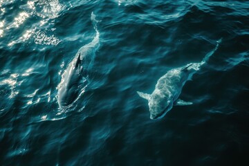 Fototapeta premium Great white sharks swimming in open ocean under sunlight during daytime, Great white sharks in open ocean, POV