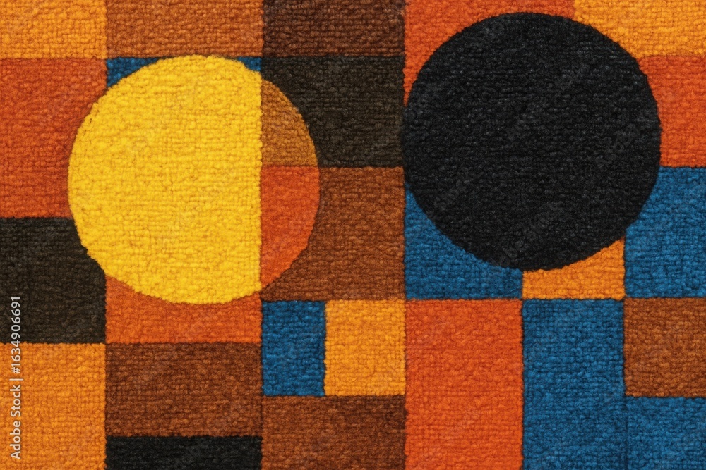 Poster abstract geometric composition featuring two circles one yellow and one black against a textured bac