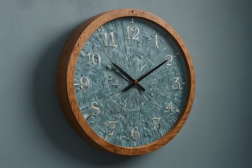 Round Wooden Wall Clock with Blue Textured Face and White Numbers for Modern Minimalist Home Interior Decoration
