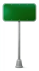 Empty green road sign isolated on white background, perfect for adding custom text or directions 
