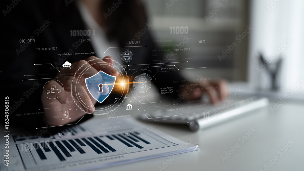 Poster cyber security interface with biometric and ai-powered protection system. cyber security secures acc