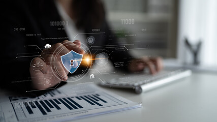 Cyber security interface with biometric and AI-powered protection system. Cyber security secures...