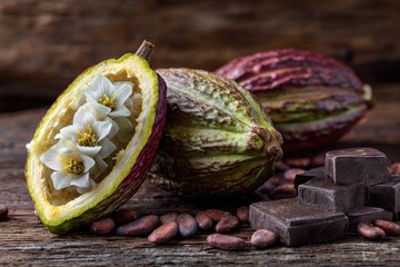A split cacao pod reveals delicate white blossoms; beside it sits an unopened pod and dark chocolate squares, all resting on a rustic wooden surface with cocoa beans scattered nearby