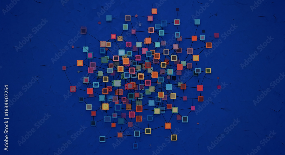 Poster abstract image of interconnected colorful squares on a blue background, representing network, connec